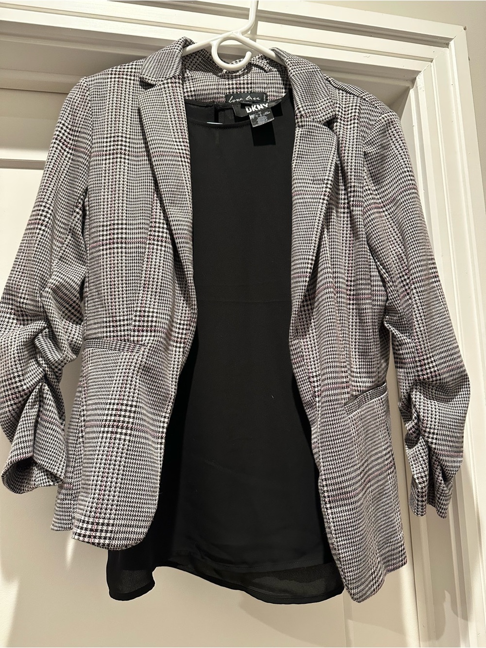 DKNY Black/White/Maroon Plaid Blazer, Black silky blouse, Maroon dress slacks